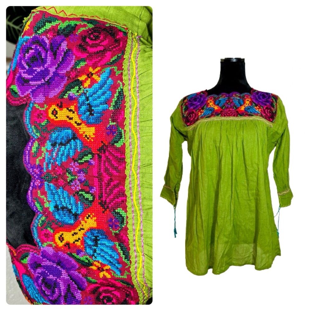 Vintage Hand Embroidered Blouse Shirt Boho Oaxaca Medium